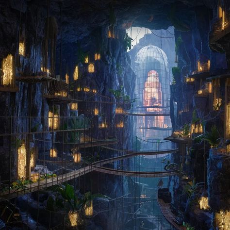 Underground City #architecture #building #construction #underground #art Underground Village Fantasy Art, Underground Elven City, Underground Kingdom Fantasy Art, Underground Fantasy City, Underground City Art, Underground City Fantasy Art, Underground City Concept Art, Dnd Visuals, Underground Civilization