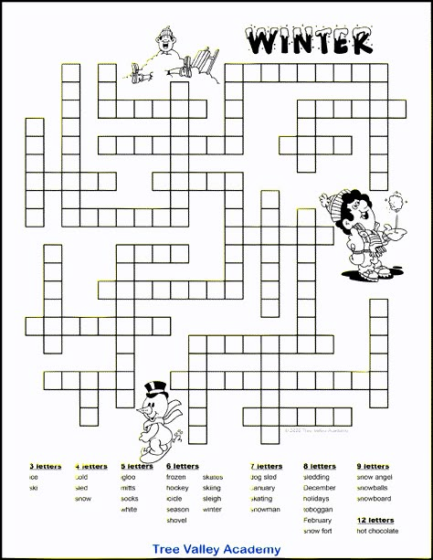 A black and white printable winter fill in word puzzle for kids. There are 32 winter activities words to fit in the puzzle. The words to fit are 3 to 9 letter words and a 12 letter word. There are 3 images that decorate the puzzle. A picture of a snowman snowboarding, a boy sitting in a pile of snow with a sled, and a boy throwing a snowball in the air. Fill In Puzzles For Adults, Cross Word Puzzles For Adults, Fill In Crossword Puzzles Printable, Winter Crossword Puzzle Free Printable, Fill In Puzzles Free Printable, Winter Crossword, Word Puzzles Printable, Crossword Puzzles For Kids, Easter Word Search