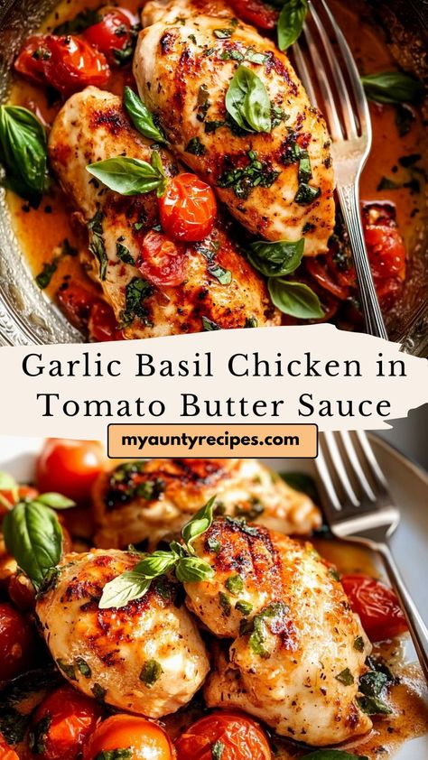 Enjoy the comforting flavors of fall with this garlic basil chicken in tomato butter sauce! The creamy, tomato-based sauce with a hint of basil adds rich depth to the tender chicken, making it a perfect dish for chilly evenings. Ideal for family dinners, this dish is sure to warm you up during the colder months. Roasted Tomato Chicken, Tomato Basil Recipes, Garlic Basil Chicken, Tomato Butter Sauce, Tomato Basil Chicken, Tomato Butter, Basil Recipes, Basil Sauce, Creamy Tomato Sauce