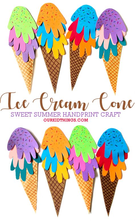 Handprint Ice Cream Cone Craft Handprint Ice Cream Cone, 3d Ice Cream Cone Craft, Summer Construction Paper Crafts, Ice Cream Cone Template Free Printable, Ice Cream Cone Crafts, Ice Cream Crafts For Kids, Dessert Crafts, Ice Cream Cone Craft, Ice Cream Craft