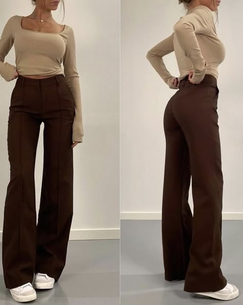 Cafe Work Outfit, Medium Size Outfits Woman, Outfit Con Pantalon Cafe, Brown Pants Winter Outfit, Brown Pants Outfit Winter, Brown Pants Outfit For Work, Pinterest Feed, Brown Outfit, Into Fashion