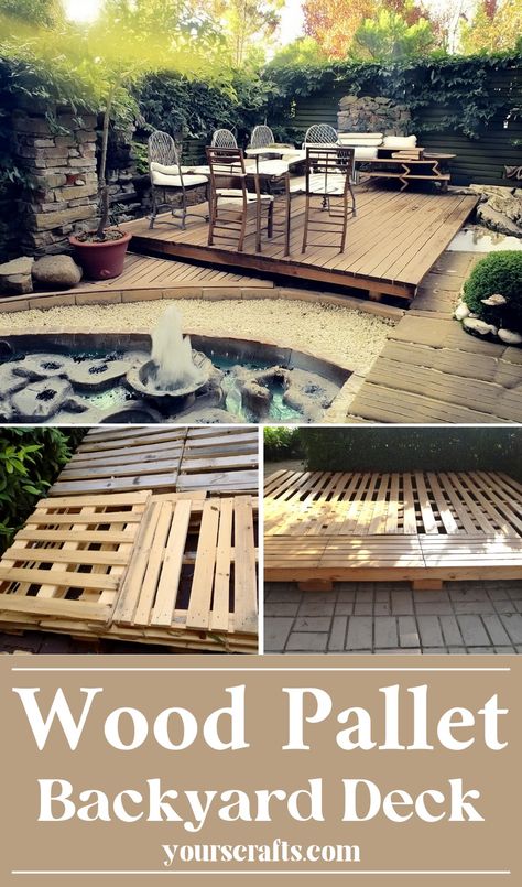 Wood Pallet Backyard Deck Diy Backyard Platform, Outdoor Patio Pallet Ideas, Diy Patio Cheap, Pallet Ground Deck, Floating Deck Pallets, Yard Deck Ideas Backyards, Pallet Wood Deck, Diy Pallet Deck Patio, Diy Deck With Pallets