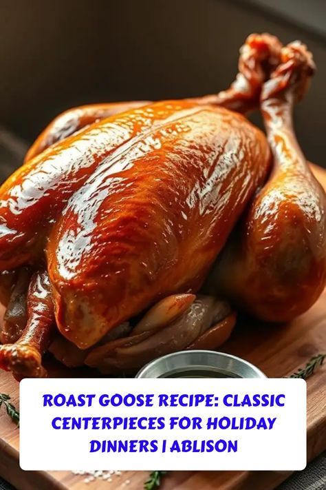 Roast goose on a wooden board with a small dish of sauce. Roasted Goose Recipes, Roast Goose Christmas, Traditional Christmas Dinner Menu Ideas, Roast Goose Recipes, Classic Centerpieces, Traditional Christmas Dinner Menu, Roast Goose, Goose Recipes, Traditional Christmas Dinner