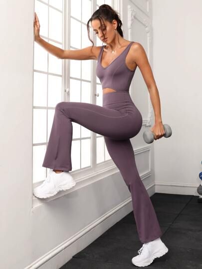 Strappy Back Contrast Mesh Sports Jumpsuit | SHEIN USA Jumpsuit Activewear, Libra Mars, Mars Aesthetic, Sports Jumpsuit, Plain Jumpsuits, Ballet Stuff, Yoga Jumpsuit, 2024 Ideas, Purple Collar