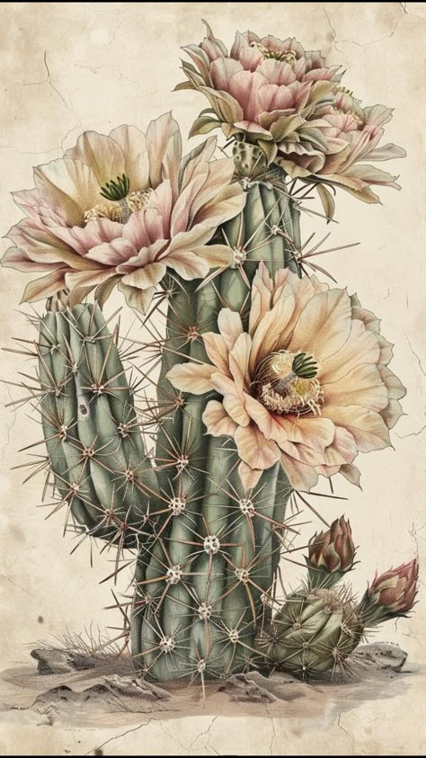 Vintage Cactus Poster, Succulents Art, Fb Wallpaper, Painting For Office, Decoupage Paper Printable, Cactus Drawing, Cactus Watercolor, Vintage Cactus, Cactus Illustration