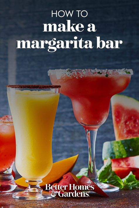 Impress your guests and set up this party-ready margarita bar at your next gathering. With a variety of garnishes, rimmers, and boozy stir-ins, your guests will be able to customize their drinks any way they want. #recipes #recipeideas #bhg Margarita Bar For Party, Margarita Station Ideas, Colors Party Decorations, Margarita Taco Party, Margarita Party Ideas Decorations, Outdoor Margarita Bar, Margarita Rimmer Recipe, Margarita Drink Station Ideas Party, Make Your Own Margarita Bar