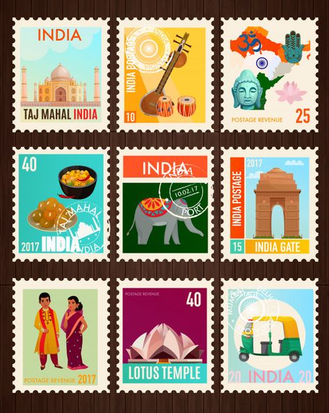 India stamp collection | Free Vector #Freepik #freevector #banner #travel #map #cartoon India Cartoon Illustrations, Indian Stamp Design, Indian Postal Stamps, Indian Stamps Postage, India Postage Stamp, Indian Stickers Printable, Post Stamp Illustration, Stamp Illustration Design, India Illustration Doodles