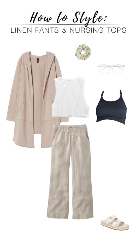 10 CUTE POSTPARTUM OUTFIT IDEAS: NURSING-FRIENDLY TOPS + LINEN PANTS | Wrap tops, button up shirts, v necks, blouses...we're pairing all these nursing-friendly styles with cute, drawstring linen pants for postpartum outfits. Hello, baby! | #TheMomEditStyle #TheMomEditPostpartum #NursingFriendlyTops #NursingFriendlyClothes #HowToWearLinenPants #PostpartumWorkOutfits #PostpartumOutfits #NursingFriendlyOutfits #WrapTops #VNeckTShirts #PostpartumBlouses Nursing Mom Outfits, Postpartum Outfits Summer, Linen Pants Outfit Ideas, Breastfeeding Friendly Outfits, Breastfeeding Outfits, Nursing Friendly Clothes, Drawstring Linen Pants, Nursing Outfit, Nursing Friendly Outfits