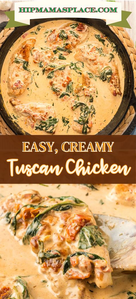 Ready to make a scrumptious Creamy Tuscan Chicken without any fuss? Imagine tender chicken, tangy sun-dried tomatoes, and creamy Parmesan cheese all mingling together in one delightful dish. Get the full printable #recipe at www.HipMamasPlace.com today!  #CreamyTuscanChicken #ComfortFood #FoodieDelight #recipes #dinner #chickendinner #chickenrecipes #easyrecipes #easymeals #foodblogger #foodie #foodporn #forkyeah #forkyeahfoodies #f52grams #food52 #hipmamasplace Cooking Spinach, Creamy Tuscan Chicken, Small Town Woman, Chicken Breast Cutlet, Creamy Parmesan Sauce, Tuscan Chicken, Busy Mum, Breast Recipe, Sun Dried Tomatoes