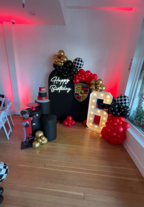 Porsche theme 6th birthday party Porsche Party Ideas, Porsche Birthday Party Ideas, Ferrari Birthday Theme, Porsche Themed Birthday Party, F1 Birthday Party Ideas Ferrari, Ferrari Party Ideas, Ferrari Themed Birthday Party, F1 Theme Party Birthday, Ferrari Birthday Party Ideas