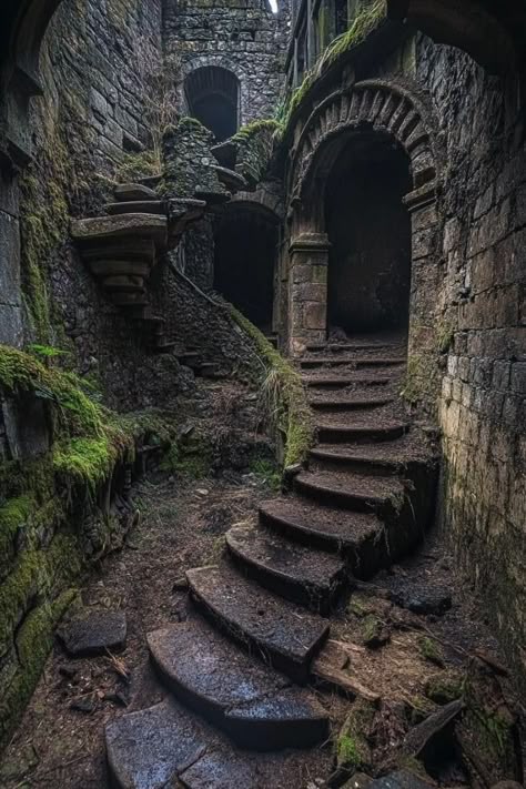 Abandoned House Aesthetic, Abandoned Buildings Aesthetic, Castle Abandoned, Abandoned Places Aesthetic, Dark Ruins, Ruins Aesthetic, Fantasy Stone, London Dungeon, Creepy Houses