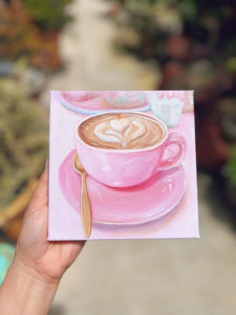 BlankSlateArtbyGrace - Etsy Small Size Canvas Painting, Coffee Cup Art Paintings, Gothic Painting Ideas On Canvas, Paintings Valentines Day, Girly Painting Ideas, Painting Ideas On Mini Canvas, Coffee Canvas Painting, Cute Pink Paintings, Canvas Paintings Aesthetic