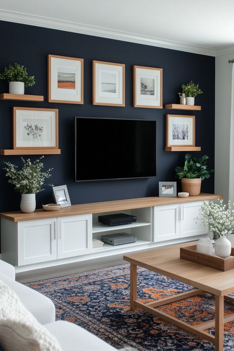 15 Stunning Accent Wall Ideas for Your Living Room – Everyday Inspo Living Room Decor Basement, Wall Art By Tv, Gray Room Accent Wall, Diy Family Room Ideas, Living Room Wall Decor With Tv, Accent Wall Media Room, Decor For Navy Blue Walls, Long Wall Decorating Ideas Living Room With Tv, Living Room With Navy Accent Wall