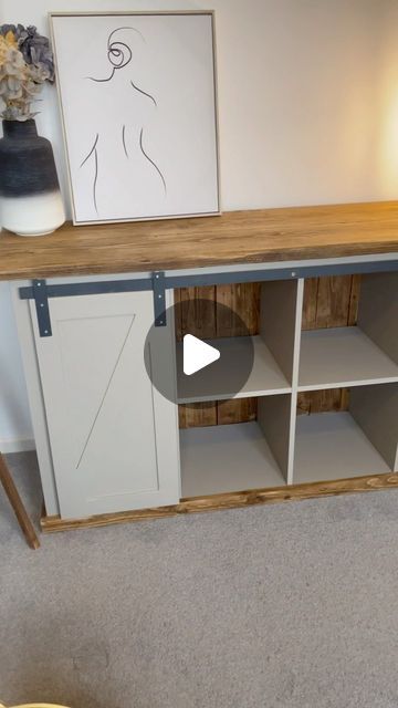 DIY Mum - Kayleigh Sherbourne on Instagram: "IKEA KALLAX transformation  This one is in my mum and dads house so I get to see it all the time.   I learnt a lot on this flip, lots of things I did different the second time round using the steel and barn doors. I countersunk the screws the second time around and used black screws so they weren’t so obvious.   #ikea #ikeahackersofficial #ikeahacksdiy #ikeakallax #ikeakallaxhack #ikeahome #ikeauk #furnituremakeover #furnitureflip #upcycledfurniture #upcycling" Ikea Kallax Desk Hack Home Office, Kallax Barn Door Hack, Ikea Kallax Tv Stand Hack, Black Kallax Hack, Skruvby Hacks, Kallax Sideboard Hack, Dy Ikea, Kallax Hack Kitchen, Kallax Transformation