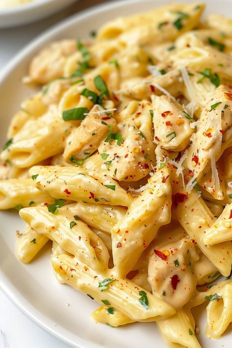 There's something magical about this garlic parmesan chicken pasta. It's full of juicy chicken and has the most creamy-dreamy garlic and cheese sauce. Garlic Butter Chicken Mac And Cheese, Dishes With Parmesan Cheese, Creamy Comfort Food, Great Pasta Dishes, Lunch Main Course Ideas, Pasta Chicken Parmesan, Spicy Garlic Parmesan Pasta, Shredded Chicken With Pasta, Parmesan Cheese Pasta