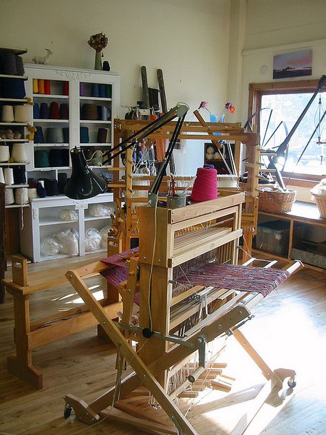 Weaving studio by kindred threads Baby Wolf Loom Weaving Room, Weave Loom, Fiber Studio, Weaving Studio, Weaving Machine, Rigid Heddle Weaving, Dream Craft Room, Baby Wolf, Studio Spaces