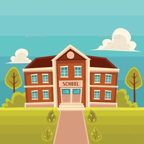 Front View School Building Cartoon Vector Building Cartoon, School Background, School Illustration, School Cartoon, Building Front, Building Drawing, Building Illustration, 3d Quilling, School Celebration