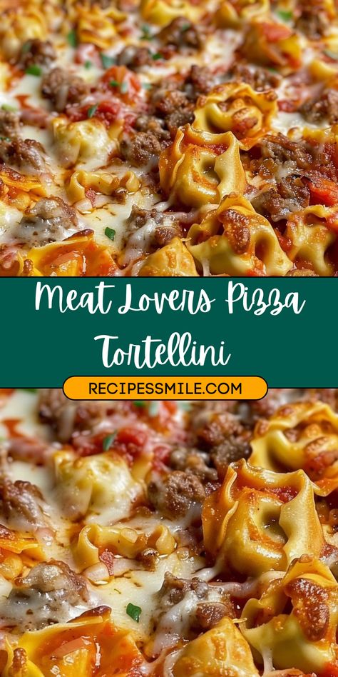 Meatlovers Pizza Tortellini, Hamburger Meat Tortellini, Meat Lovers Pizza Tortellini Bake, Meat Lovers Tortellini, Pizza Dishes Ideas, Meal With Ground Sausage, Things To Make With Pizza Dough Dinners, Beef Tortellini Alfredo, Meat Lovers Pasta