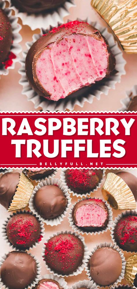 These best raspberry truffles are perfect to your list of Valentine's Day dessert ideas! An easy truffles recipe that features Truffles filled with a soft raspberry flavored white chocolate ganache and coated with thick dark chocolate. Try this homemade treat! Raspberry Truffles Easy, Dark Chocolate Raspberry Cookies, Dark Chocolate Raspberry Truffles, Raspberry Fudge Recipe, Raspberry Filled Chocolates, Raspberry Truffles Recipe, Raspberry Bonbons, Raspberry Truffle Cheesecake, Haunted Chocolatier