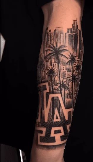 30+ Los Angeles Tattoo Ideas To Show Your Love For Tinseltown! Los Angeles Leg Tattoo, Leg Tattoo Theme, Cali Tattoo Ideas For Men, California Style Tattoo, Downtown La Tattoo, California Leg Sleeve Tattoo, Long Beach California Tattoo Ideas, Ca Tattoo California, Inglewood Tattoo