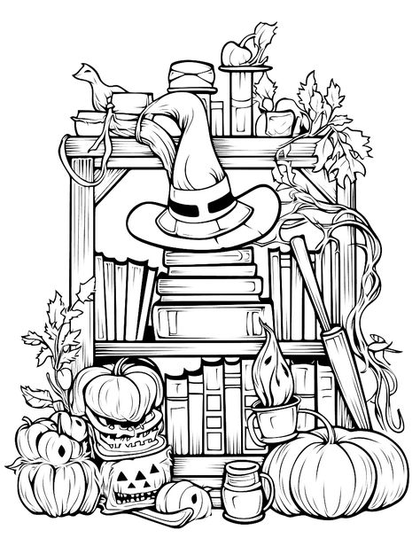 Witch's Library Coloring Page - A detailed library scene showing a witch’s collection of magical books, potions, and artifacts. Spooky Halloween Coloring Pages, Halloween Coloring Pages Free Printable, Library Scene, Halloween Coloring Pages For Adults, Zicxa Photos, Halloween Coloring Pages For Kids, Free Halloween Coloring Pages, Magical Books, Witch Coloring Pages