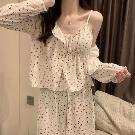 Siensien - Pajama Set: Printed Camisole Top + Light Jacket + Pants | YesStyle Feminine Skills, Invierno Aesthetic, Feminine Outfit Ideas, New Year Fashion, Cute Pajama Set, Pink Korean, Her Drawing, Pajamas Aesthetic, Sleeping Dress