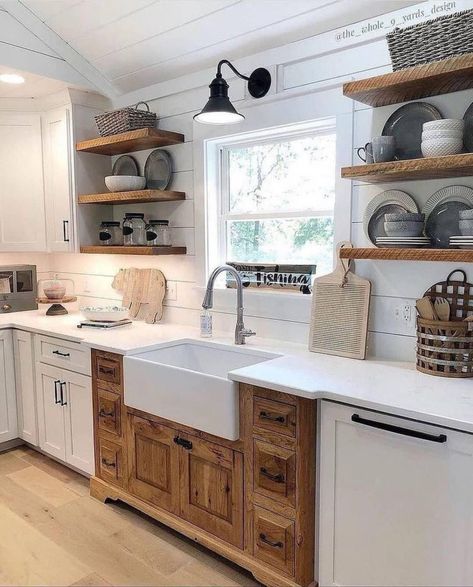 Country Kitchen Open Shelving, Country Galley Kitchen Farmhouse Style, Farmhouse Kitchen Galley, Modern Farmhouse Kitchen Open Shelving, Rustic Farmhouse Kitchen Ideas Cabinets, Farmhouse Kitchen With No Upper Cabinets, Farmhouse Kitchen No Upper Cabinets, Galley Farmhouse Kitchen, Kitchen Cabinets Layout Ideas