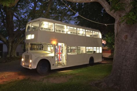 Incredible Double Decker Bus Cottage For Sale! Converted Bus For Sale, Double Deck Bus, Dining Booth, Converted Bus, Retro Refrigerator, New Travel Trailers, Bus Living, Buses For Sale, Greensboro North Carolina