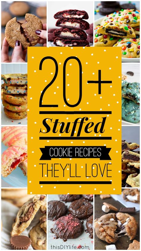 These are THE BEST Stuffed Cookies recipes! There are all sorts of exotic variations to try: Easter Creme Eggs. Rolo. Lindt Chocolates. Peppermint Patties. Your cookie game is going to be the envy of everyone and they won't resent that one bit because they'll be so busy eating your amazing creations. Stuffed Caramel Cookies, Jumbo Stuffed Cookie Recipes, Nutty Buddy Cookies, Candy Filled Cookies, How To Make Stuffed Cookies, Christmas Stuffed Cookies, Rollo Cookies Recipes, Stuffed Christmas Cookies, Stuffed Cookie Ideas