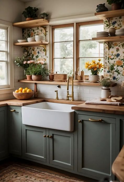 Old Time Kitchen Ideas, Green House Design Interior, Update A Small Kitchen, Cozy Farm Kitchen, Homey Kitchen Aesthetic, Kitchen Color Inspiration, Colourful Kitchen Backsplash, Kitchen Ideas Dark Wood, Southern Kitchen Design