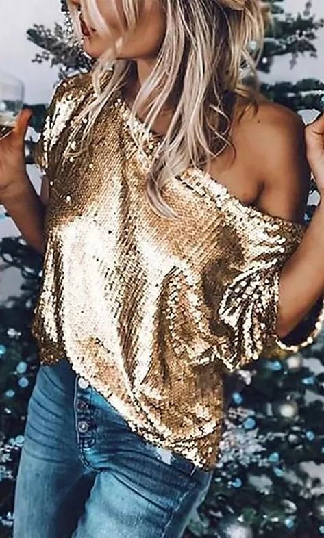 Sequin Sleeve, Gold Blouse, Party Kleidung, Sequin Shorts, Sequin Top, Look Chic, Look Fashion, Party Wear, Fitness Fashion