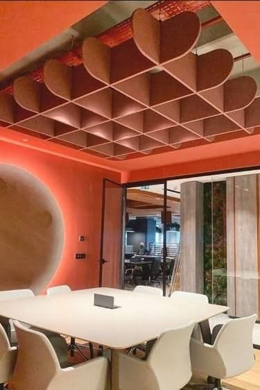 Facebook Suspended Ceiling Design, Baffle Ceiling, Acoustical Ceiling, Acoustic Baffles, Meeting Room Design, Office Ceiling, Office Meeting Room, Pharmacy Design, Acoustic Design