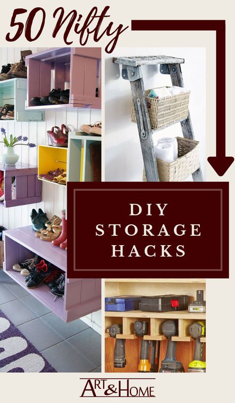 These clever and creative DIY storage ideas will help you maximize your space and minimize the clutter in your home by giving you a place to store things until they are needed. #Storage #Organization #Cleaning #Home #HomeHacks https://artandhome.net/diy-storage-ideas/ Diy Easy Storage Ideas, Easy Storage Shelves Diy, Diy Storage And Organization, Trinket Storage Ideas, Diy Storage Ideas Cheap, Diy Wall Storage Ideas, Diy Hanging Storage, Diy Storage Tower, Diy Wall Storage