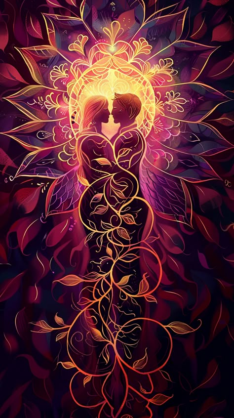 Spiritual Soulmate Art, Spiritual Couple Art, Spiritual Love Art, Two Souls Connecting Art, Beautiful Illustration Art, Soulmates Art, Angel Of Love, Twin Flame Art, Harmony Art