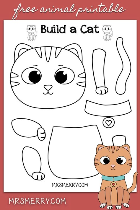 Build a little kitten with our free build-a-cat craft. This 1-page print out will keep your kids busy and entertained. #freekidsprintables #indooractivitiesforkids #prekactivitiesathome #googleclassroom #buildacat #buildadog #kindergartencrafts #keepkidsbusy #buildactivitiesforkids #mrsmerry Build A Puppy Printable, Cat Crafts Preschool, Cat Template, Free Printable Crafts, Kindergarten Art Projects, Printables Free Kids, Free Printable Art, Animal Crafts For Kids, Cat Kids