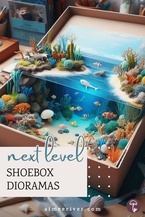 Shoebox diorama mini craft with an oceanic scene combining an underwater view and coastal scenery Shoe Box Diorama Ocean, Lake Diorama Project, Mountain Diorama Shoebox School Projects, Diorama Tips And Tricks, Ocean Box Project, Diorama Box Ideas, Shoe Box Diorama Projects, Ocean Diaroma Ideas, Miniature Diorama Ideas