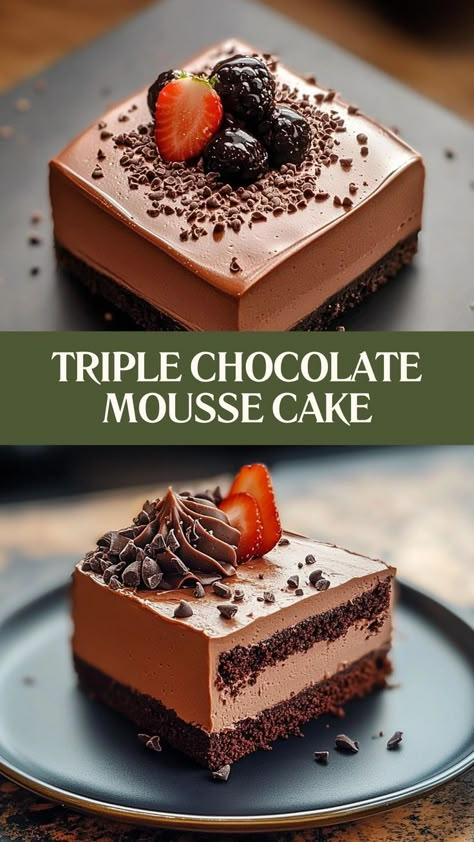 Indulge in the ultimate chocolate lover's dream with this Triple Chocolate Mousse Cake—a luxurious, layered delight of velvety mousse, rich chocolate, and pure decadence in every bite! 🍫🍰✨ #TripleChocolateDelight #ChocolateMousseCake #LayeredPerfection #DecadentDesserts #ChocoLoversDream #RichAndVelvety #CakePerfection #DessertGoals #ChocoholicsUnite #LuxuriousTreat 🍫 Triple Chocolate Mouse Cake, Chocolate Cherry Mousse Cake, Chocolate Mousse With Gelatin, Mini Chocolate Mousse Cake, Impressive Dessert Recipes, Mousse Cake Ideas, Boss Birthday Cake, Chocolate Desert Recipes, Chocolate Torte Recipe