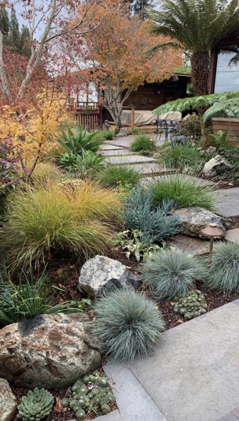 Mixing Rock And Mulch In Landscaping, Natural Front Yard, Mountain Home Landscaping, Landscape Ideas Garden, Xeriscape Front Yard, Gardening Tattoo, Rockery Garden, Gardener Aesthetic, Metal Floating Shelves