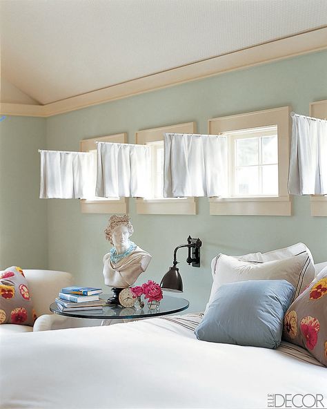 Try swinging-arm curtains! You simply mount a swing-arm rod to one side of the window and attach an appropriately sized curtain. They're a unique and efficient way of controlling light. Basement Window Curtains, Basement Window Treatments, Small Window Treatments, Basement Window, Window Curtains Bedroom, High Windows, Small Window Curtains, Basement Windows, Window Treatments Bedroom