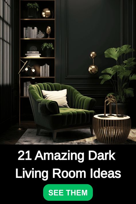 Explore 21 stunning dark living room ideas to add a touch of elegance and sophistication to your home decor. From bold accent walls to moody color palettes, these designs will inspire you to create a cozy and stylish space. Whether you prefer modern or traditional aesthetics, there's a dark living room idea for every taste. Transform your living room into a chic retreat with these amazing design inspirations! Dark Moody Small Living Room, Elegant Moody Living Room, Dark Green Snug Room Ideas, Cozy Dark Tv Room, Moody Living Room With Brick Fireplace, Green Sofa Black Wall, Green And Black Basement, Dark Green Industrial Living Room, Moody Olive Green Living Room