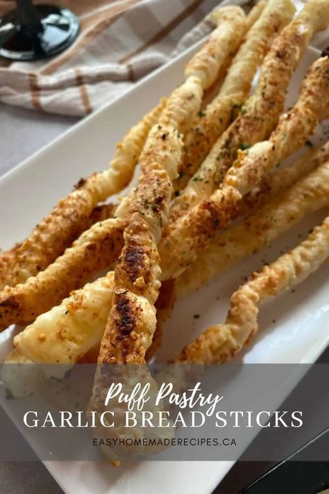 Puff Pastry Garlic Bread Sticks Garlic Bread Puff Pastry, Puff Pastry Bread Sticks, Puff Pastry Garlic Twists, Puff Pastry Garlic Bread, Cheesy Garlic Bread Sticks, Puff Pastry Sticks, Puff Pastry Recipes Dinner, Garlic Bread Sticks, Puff Pastry Twists