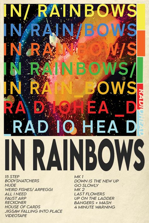 In Rainbows Poster Radiohead, Radiohead Poster In Rainbows, Radiohead Poster Vintage, In Rainbows Radiohead, Poster Radiohead, Radiohead Aesthetic, Slipknot Songs, Indie Posters, Radiohead In Rainbows