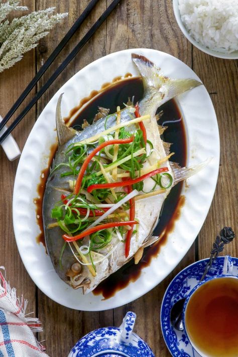 Steamed Fish-Chinese Style - Foxy Folksy Steamed Fish Chinese Style, Chinese Food Dishes, Chinese Steamed Fish, Abc Soup, Whole Fish Recipes, Pinoy Dishes, Steam Fish, Steamed White Rice, Whole Fish