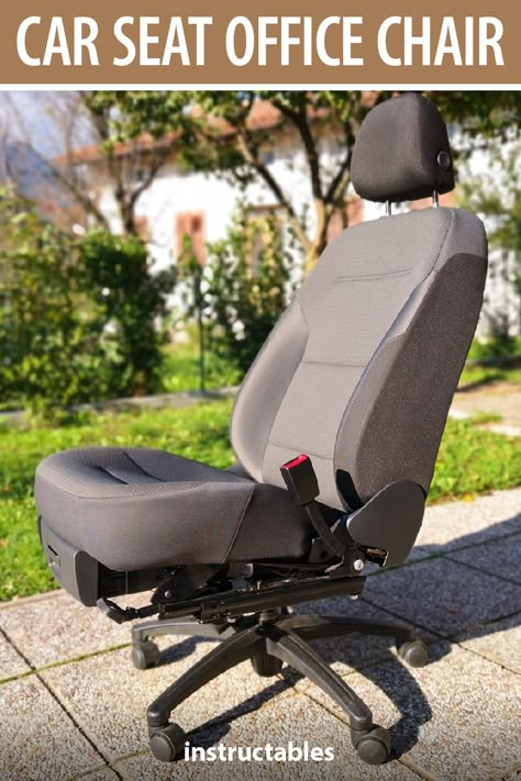 Create a unique and adjustable office chair from an old car seat. A comfortable option with good lumbar support as they are meant to be sat in for long hours on the road. #Instructables #workshop #upcycle #reuse #furniture #seating #repurpose Office Chair Diy, Car Chair, Car Part Furniture, Automotive Furniture, Adjustable Office Chair, Inside Car, Car Furniture, Best Office Chair, Chair Aesthetic