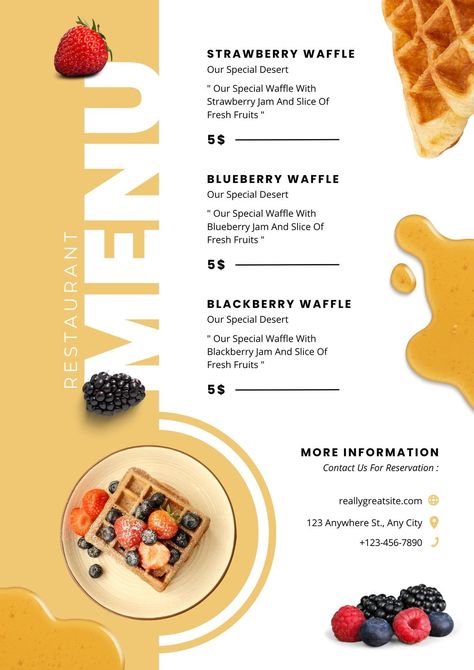 Orange White Modern Creative Waffles Menu - Templates by Canva Menu Design For Cafe, Pancake Menu Design, Fast Food Menu Design Ideas, Menu Ideas Design Creative, Waffle Menu Design, Menu Design Ideas Creative, Cafe Menu Aesthetic, Menu Design Aesthetic, Aesthetic Menu Design