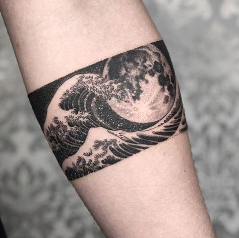 Japanese wave with the moon in the background band tattoo | www.otziapp.com Japanese Wave Tattoos, Armband Tattoos For Men, Band Tattoos For Men, Tattoo Band, Armband Tattoos, Forearm Band Tattoos, Band Tattoo Designs, Band Tattoos, Armband Tattoo Design