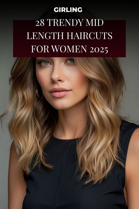 Trendy mid-length haircut on a woman with wavy blonde hair, promoting 2025 styles. Madelyn Cline Haircut, Below Collarbone Length Hair, Woman’s Hair Styles, Haircuts For Long Thinning Hair, Womens Mid Length Hairstyles, Hairstyles For Mid Hair Length, 2025 Mid Length Hair, Mid Length Hair 2025, Mid Hair Length Styles For Women