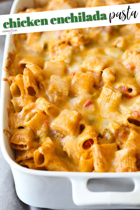 Cheesy Chicken Enchilada Pasta is an easy pasta recipe that is inspired by the Tex Mex flavors of Chicken Enchiladas. Chicken Enchiladas Pasta, Chicken Enchilada Mac And Cheese, Enchilada Casserole With Noodles, Chicken Enchilada Pasta Bake, Tex Mex Chicken Pasta, Chicken Enchilada Pasta Salad, Mexican Chicken Pasta Casserole, Enchilada Noodle Casserole, Tex Mex Chicken Casserole