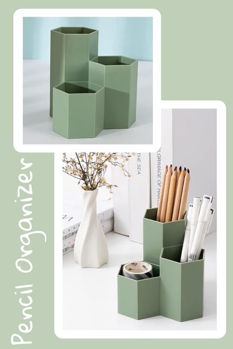 Aesthetic Pen Holder, Pencil Holder For Desk, Cute Desk Organization, Desk Pen Holder, Pencil Holders For Desk, Pencil Cup Holder, Green Room Decor, Setup Pc, Organization Aesthetic