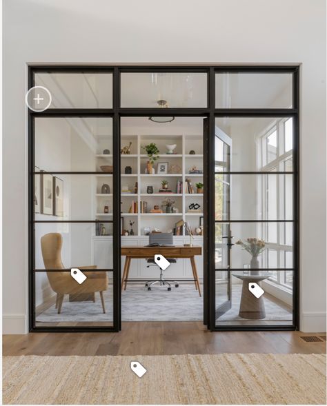 Home Office Glass Doors, Glass Office Doors, Office With French Doors, Glass Wall Office, Home Office Doors, Transitional Home Office, Office Doors, Home Office Layout, City Condo